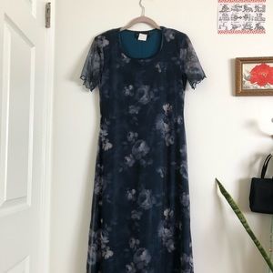 90s navy blue rose floral maxi dress, mesh overlay